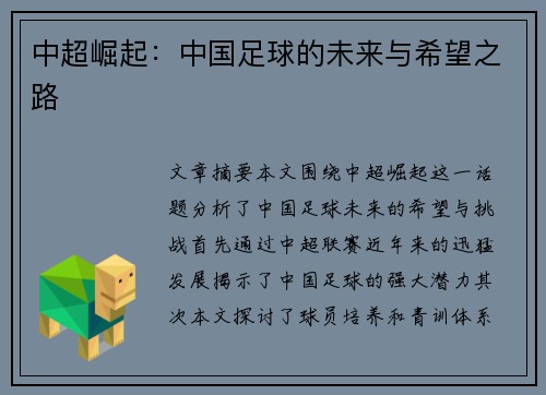 中超崛起：中国足球的未来与希望之路