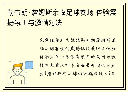 勒布朗·詹姆斯亲临足球赛场 体验震撼氛围与激情对决
